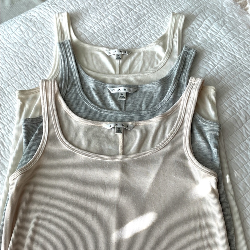 3 CAbi Ribbed Tank Tops - Cream, Gray, White Longer length all for 1 price!